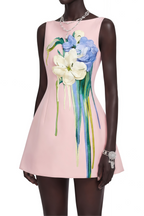 Flowering Girl Women Pink Sleeveless Boat Neck 3D Floral Print A-Line Mini Dress