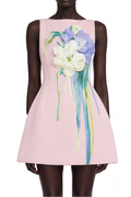 Flowering Girl Women Pink Sleeveless Boat Neck 3D Floral Print A-Line Mini Dress