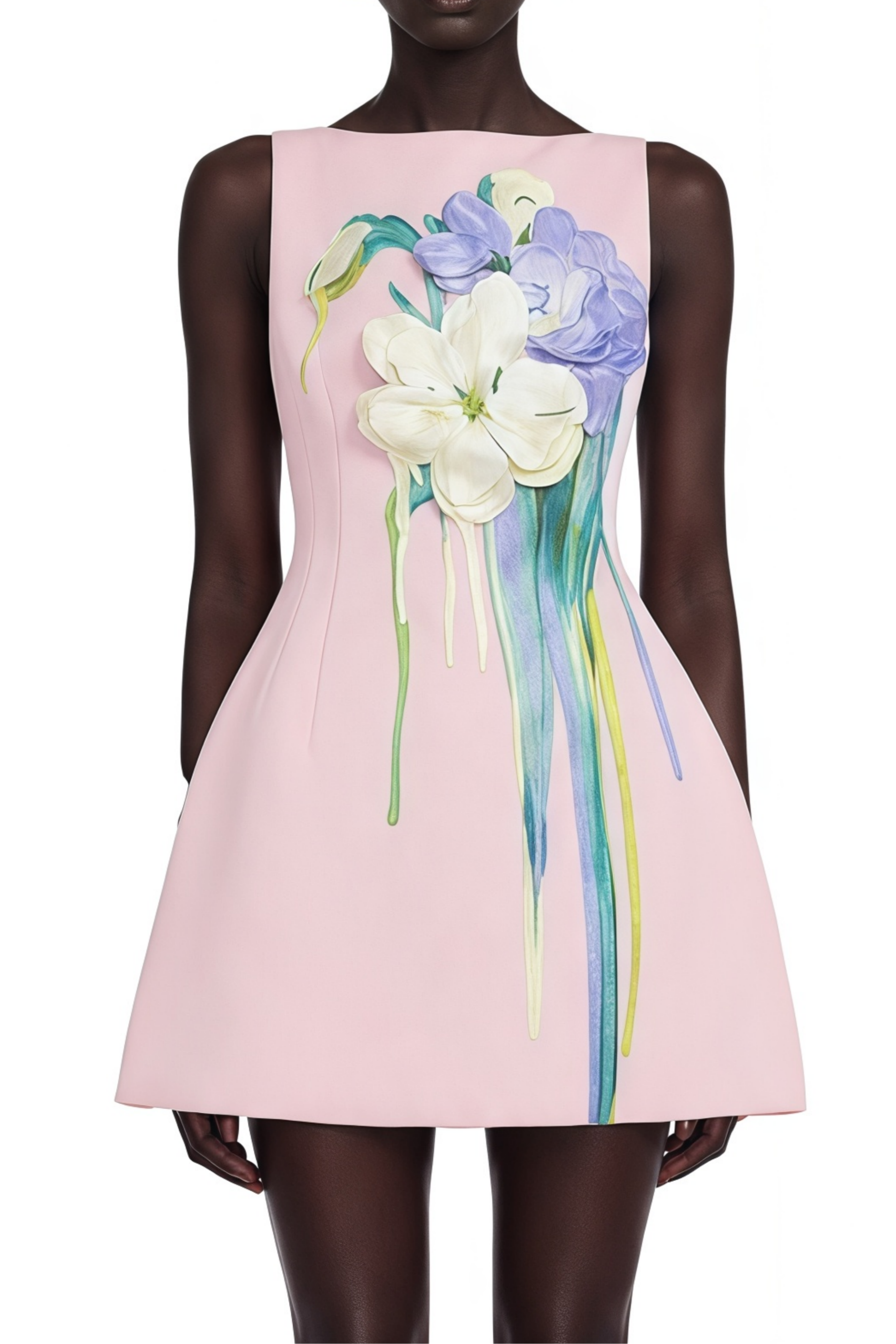 Flowering Girl Women Pink Sleeveless Boat Neck 3D Floral Print A-Line Mini Dress