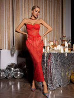 Flowering Girl Women STRAPLESS TWISTED LACE DRESS IN ORANGE