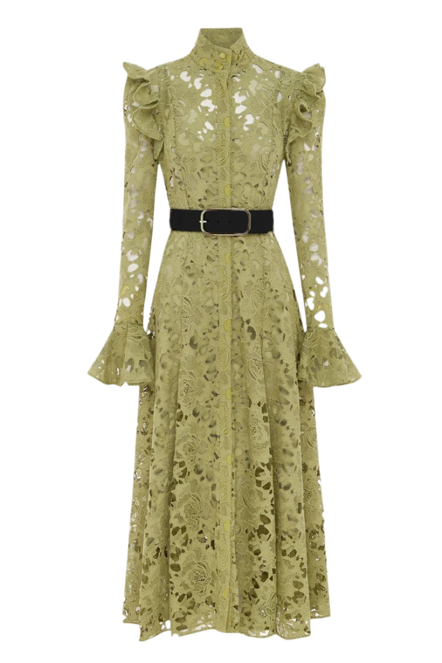 Flowering Girl Women Freya Ruffle Lace-Embroidered Belted Midi Dress - Green