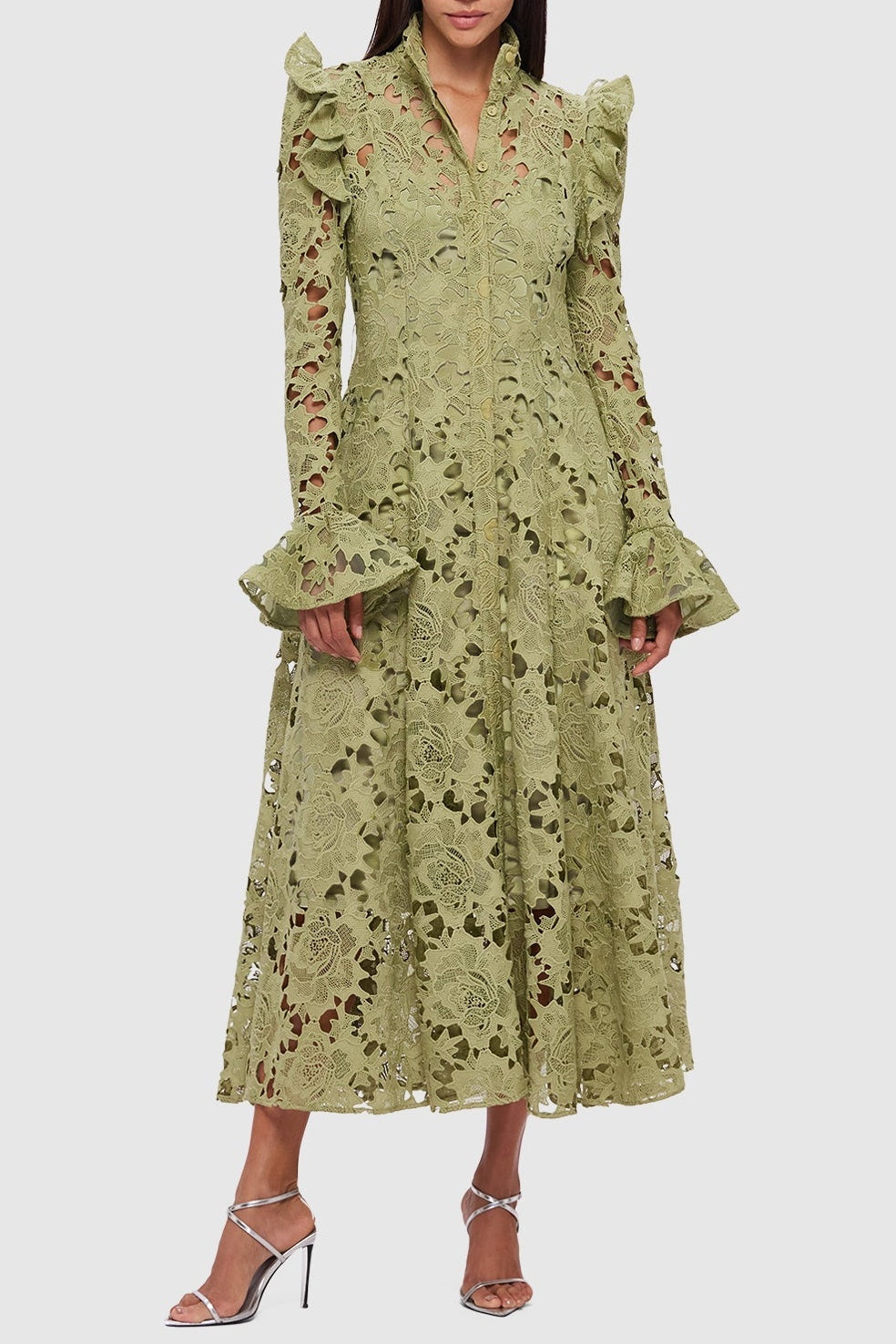 Flowering Girl Women Freya Ruffle Lace-Embroidered Belted Midi Dress - Green
