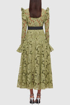 Flowering Girl Women Freya Ruffle Lace-Embroidered Belted Midi Dress - Green