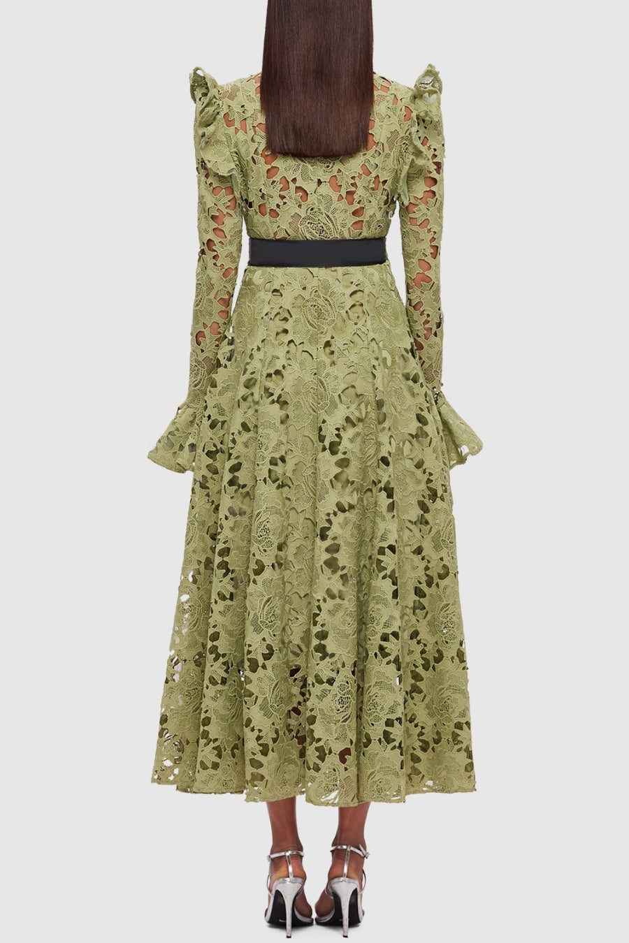 Flowering Girl Women Freya Ruffle Lace-Embroidered Belted Midi Dress - Green