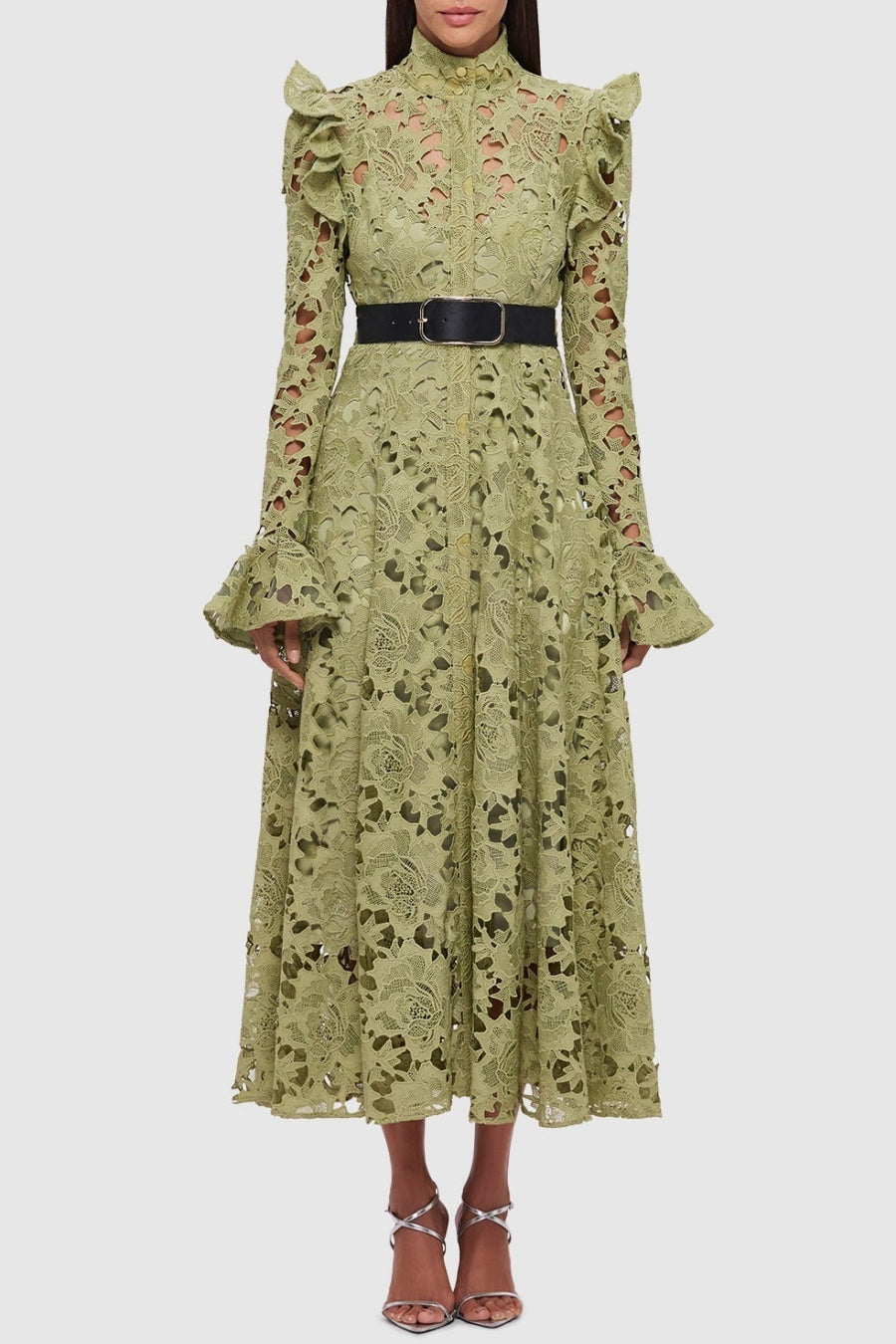 Flowering Girl Women Freya Ruffle Lace-Embroidered Belted Midi Dress - Green