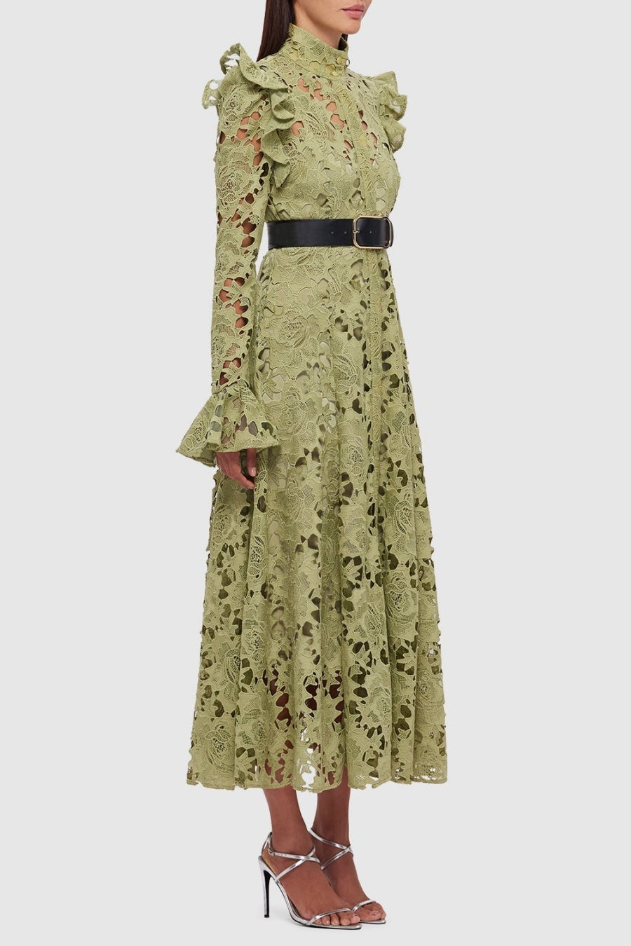Flowering Girl Women Freya Ruffle Lace-Embroidered Belted Midi Dress - Green