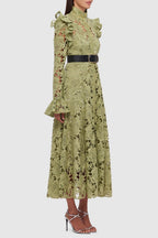 Flowering Girl Women Freya Ruffle Lace-Embroidered Belted Midi Dress - Green
