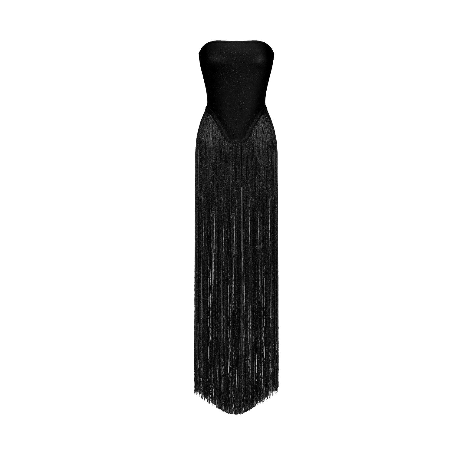 Flowering Girl Women helen Bodysuit Fringe Strapless mini Dress in Black