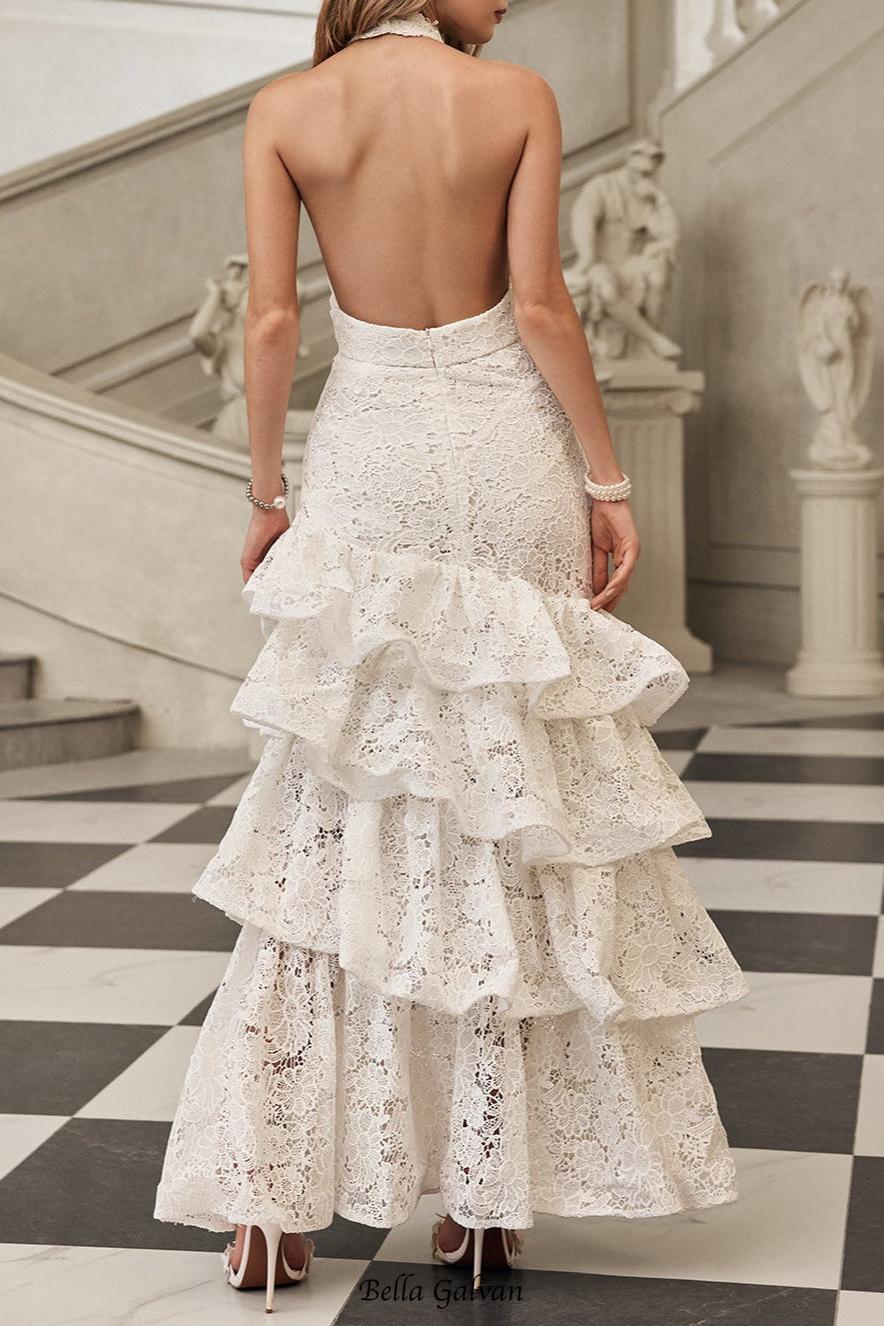 hazel white Deep V-neck halterneck layer ruffle trim maxi dress