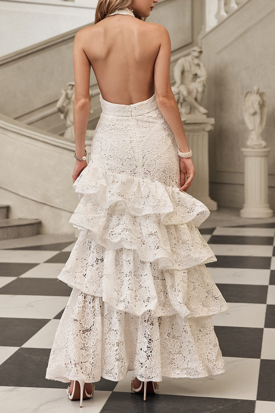 Hazel White Deep V-Neck Halterneck Layer Ruffle Trim Maxi Dress