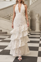 hazel white Deep V-neck halterneck layer ruffle trim maxi dress