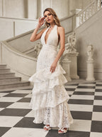 hazel white Deep V-neck halterneck layer ruffle trim maxi dress
