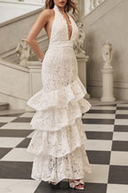 hazel white Deep V-neck halterneck layer ruffle trim maxi dress