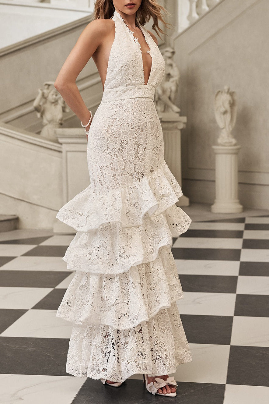 Hazel White Deep V-Neck Halterneck Layer Ruffle Trim Maxi Dress