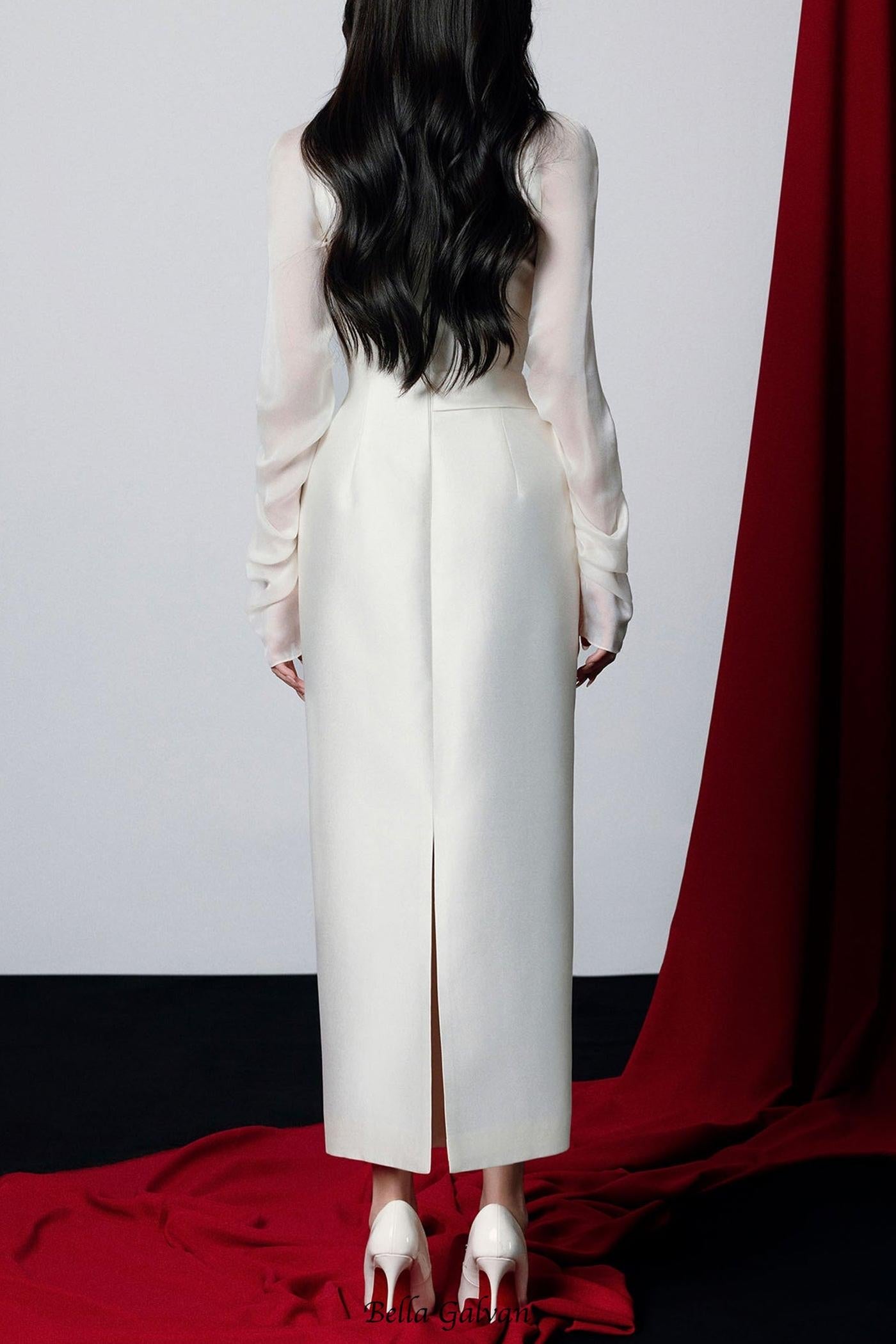 griselda Boat Neck Gathered Midi Dress in ivory
