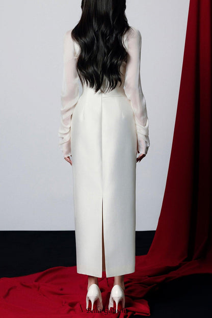 griselda Boat Neck Gathered Midi Dress in ivory