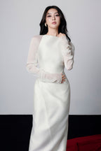 griselda Boat Neck Gathered Midi Dress in ivory