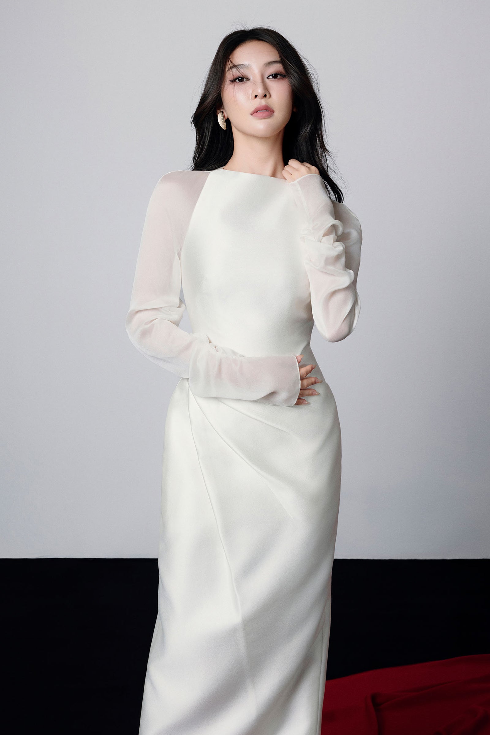 griselda Boat Neck Gathered Midi Dress in ivory