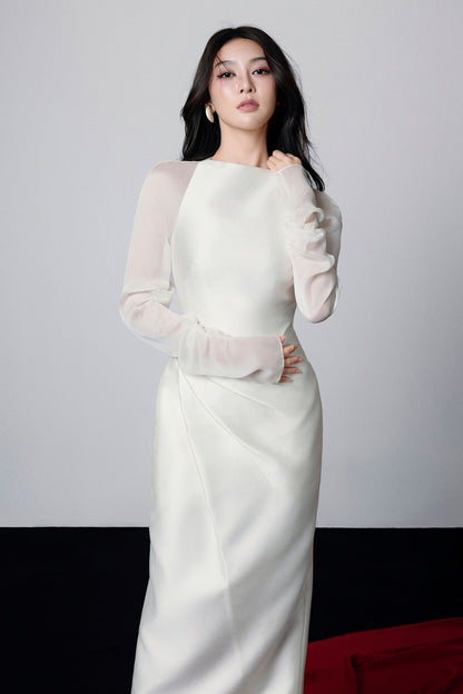 griselda Boat Neck Gathered Midi Dress in ivory