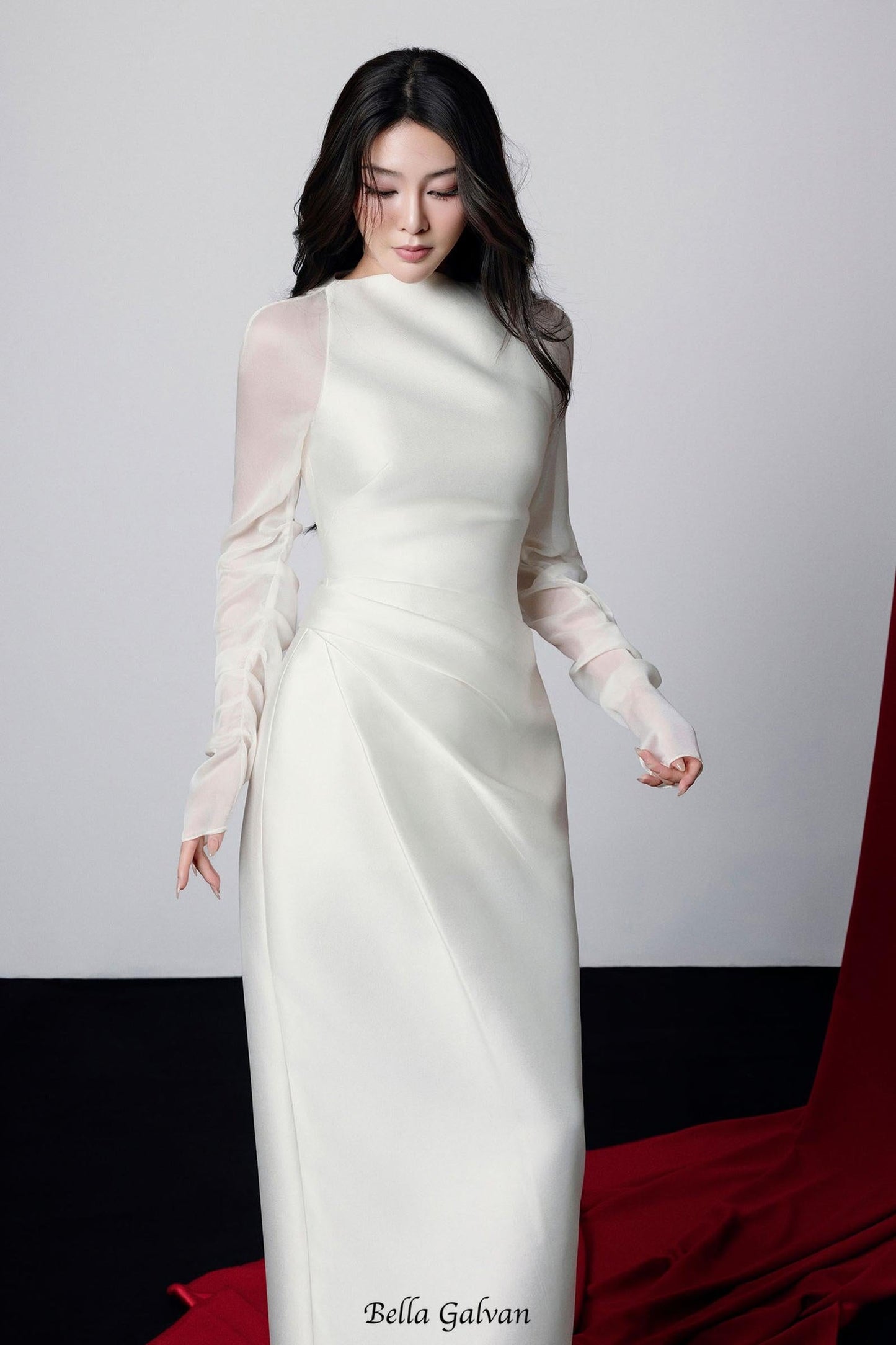 griselda Boat Neck Gathered Midi Dress in ivory