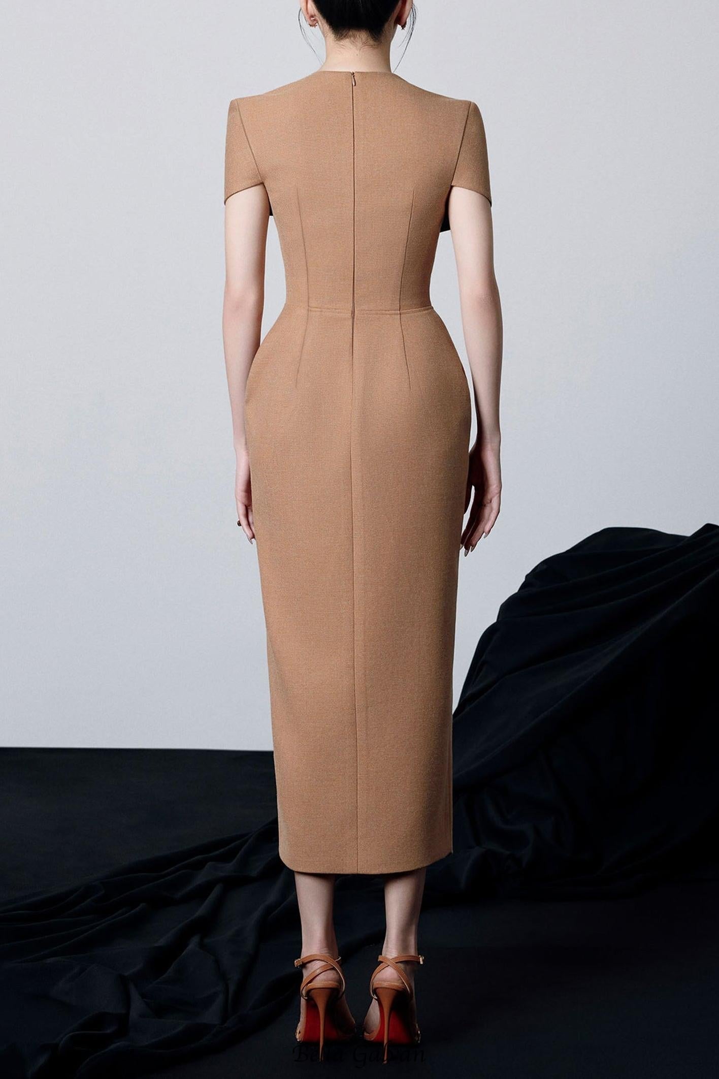 beverly V-Neck Draped slit Midi Dress in brown
