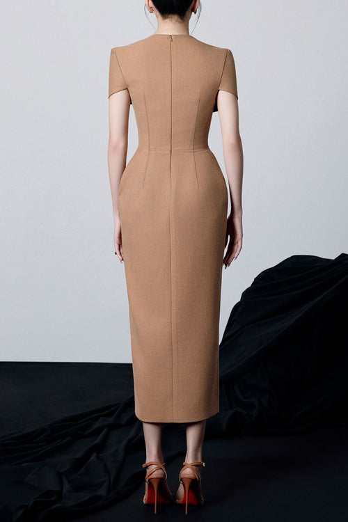 Flowering Girl Women Beverly V-Neck Draped Slit Midi Dress In Brown