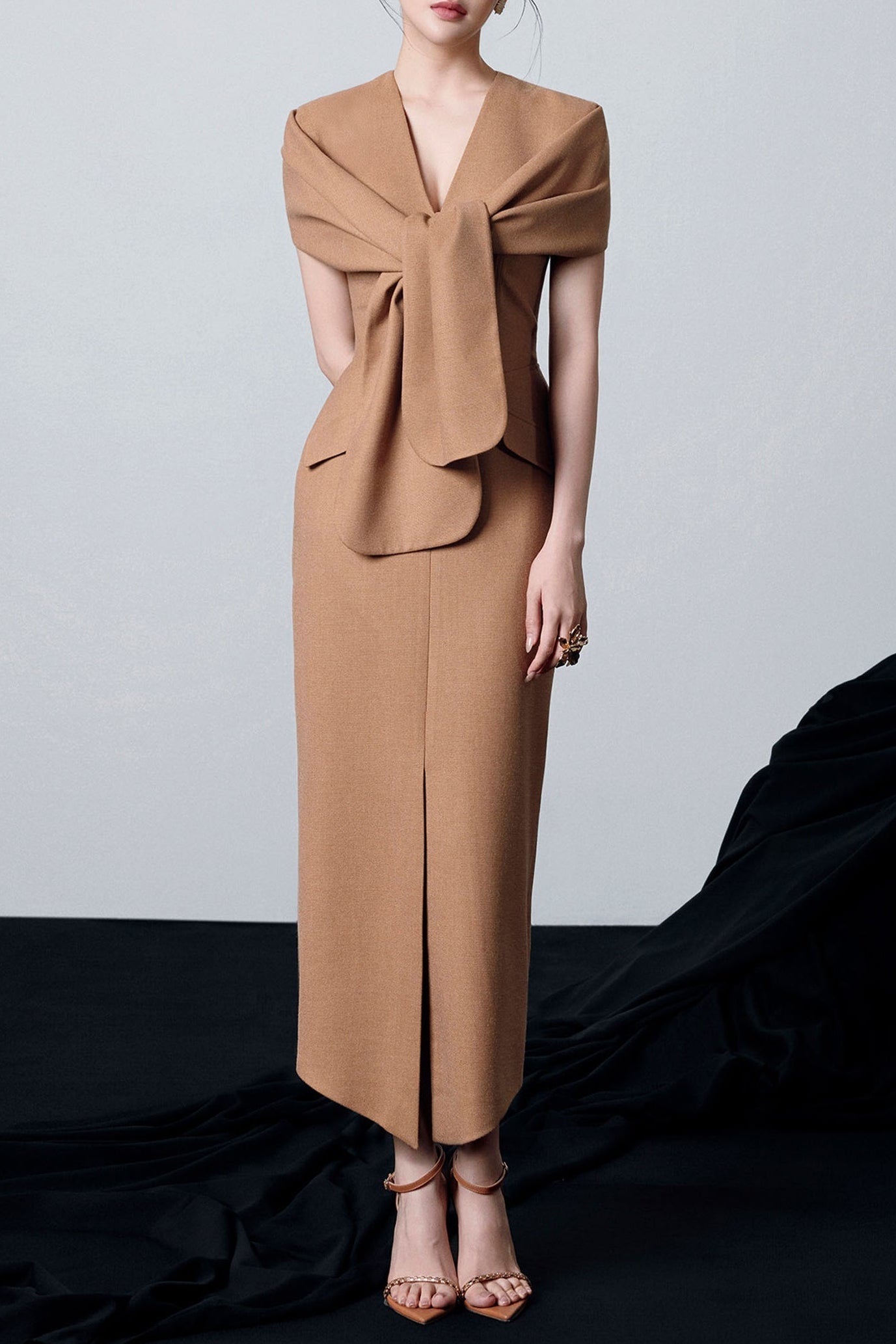 beverly V-Neck Draped slit Midi Dress in brown