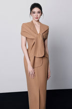 beverly V-Neck Draped slit Midi Dress in brown
