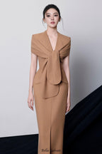 beverly V-Neck Draped slit Midi Dress in brown