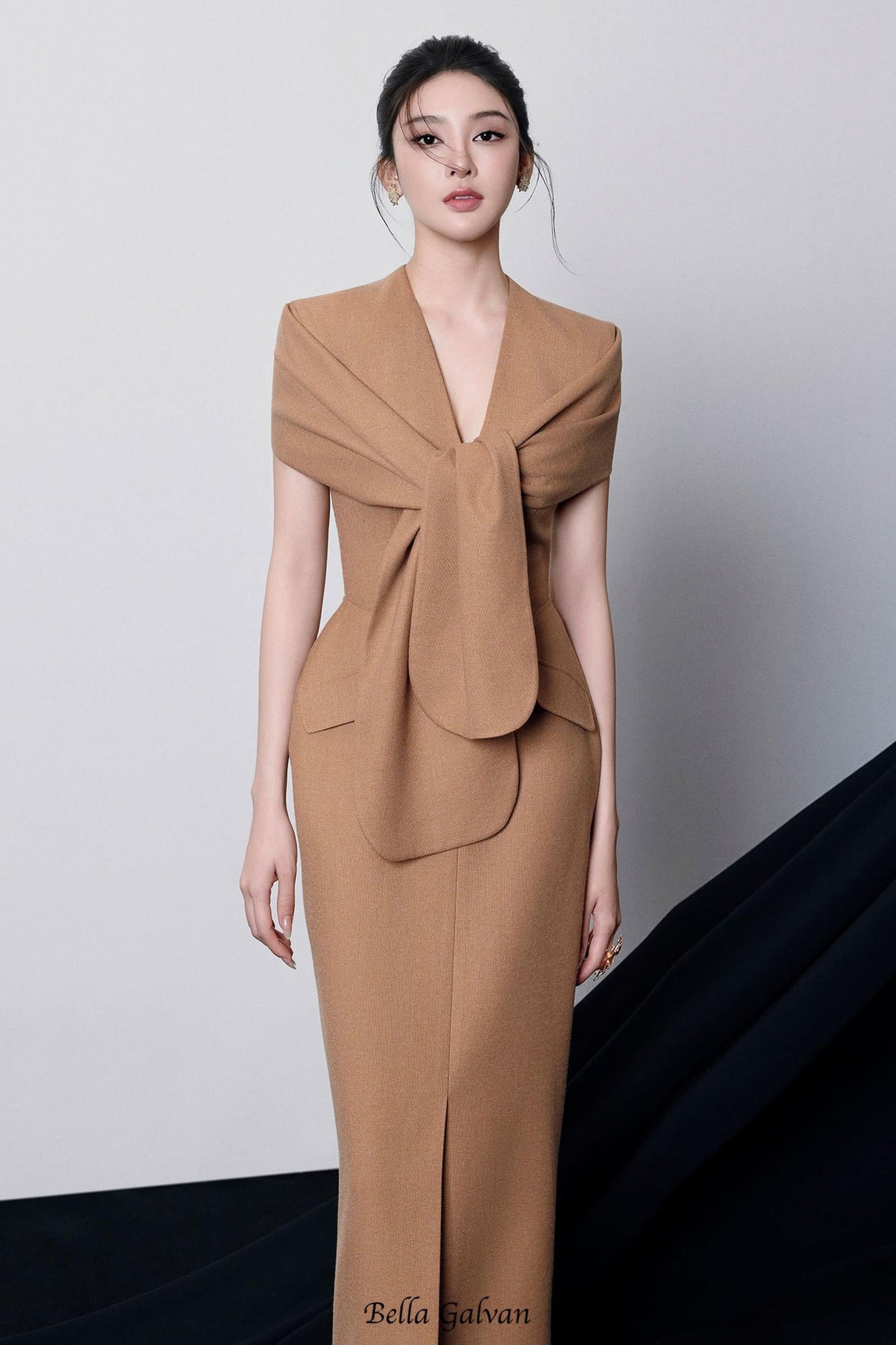 beverly V-Neck Draped slit Midi Dress in brown