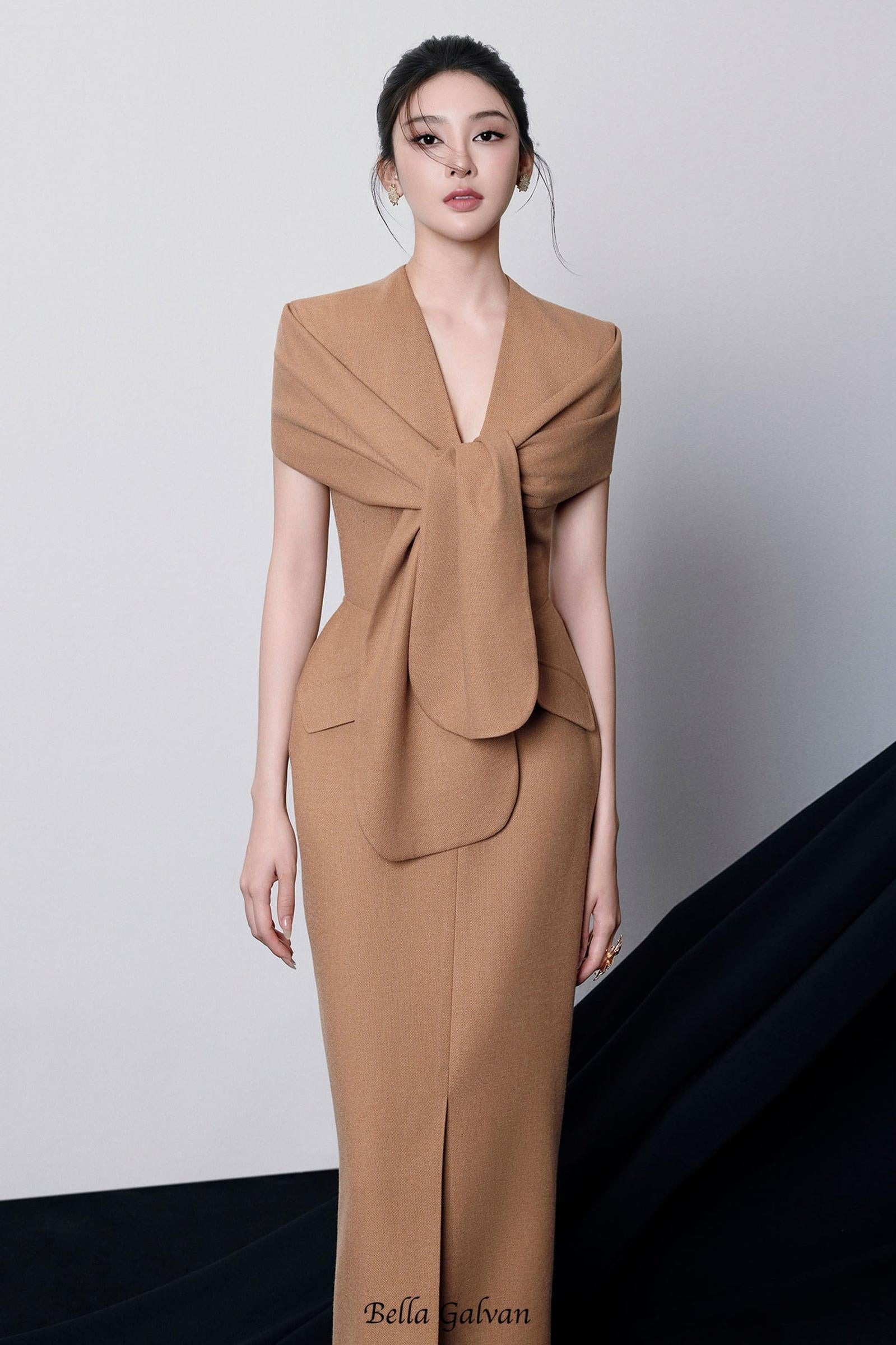 beverly V-Neck Draped slit Midi Dress in brown