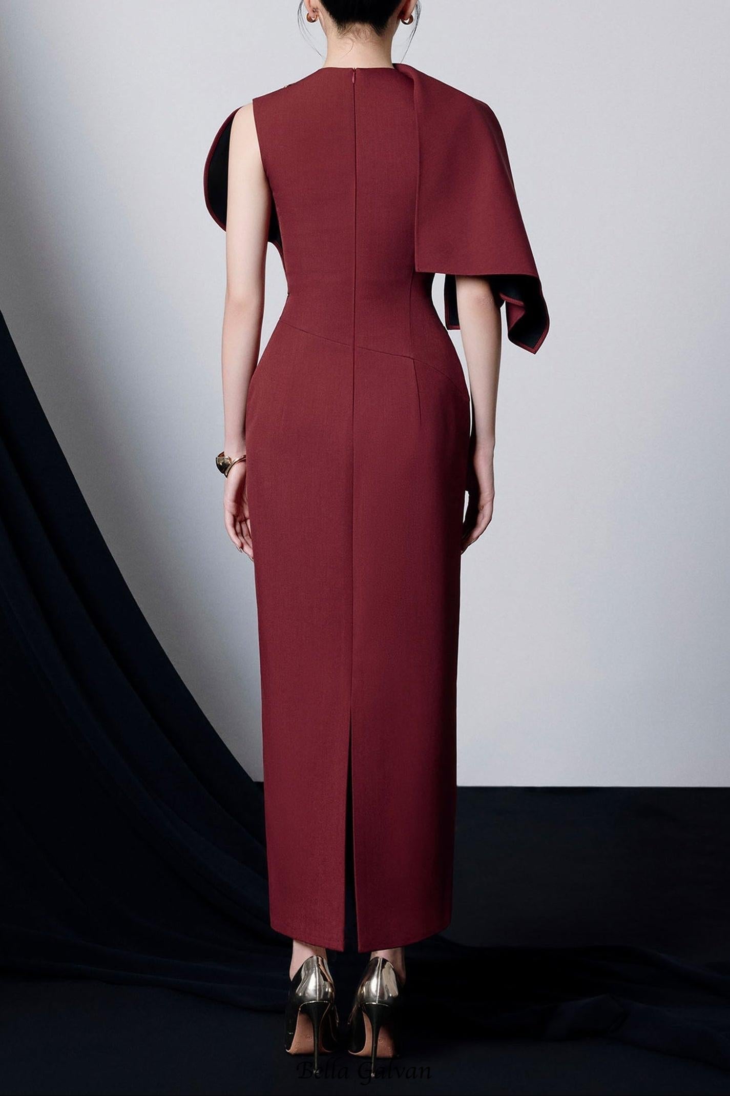 genevieve Asymmetric Sleeve Draped Midi Dress in burgundy