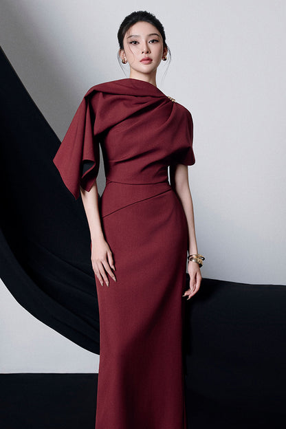 genevieve Asymmetric Sleeve Draped Midi Dress in burgundy