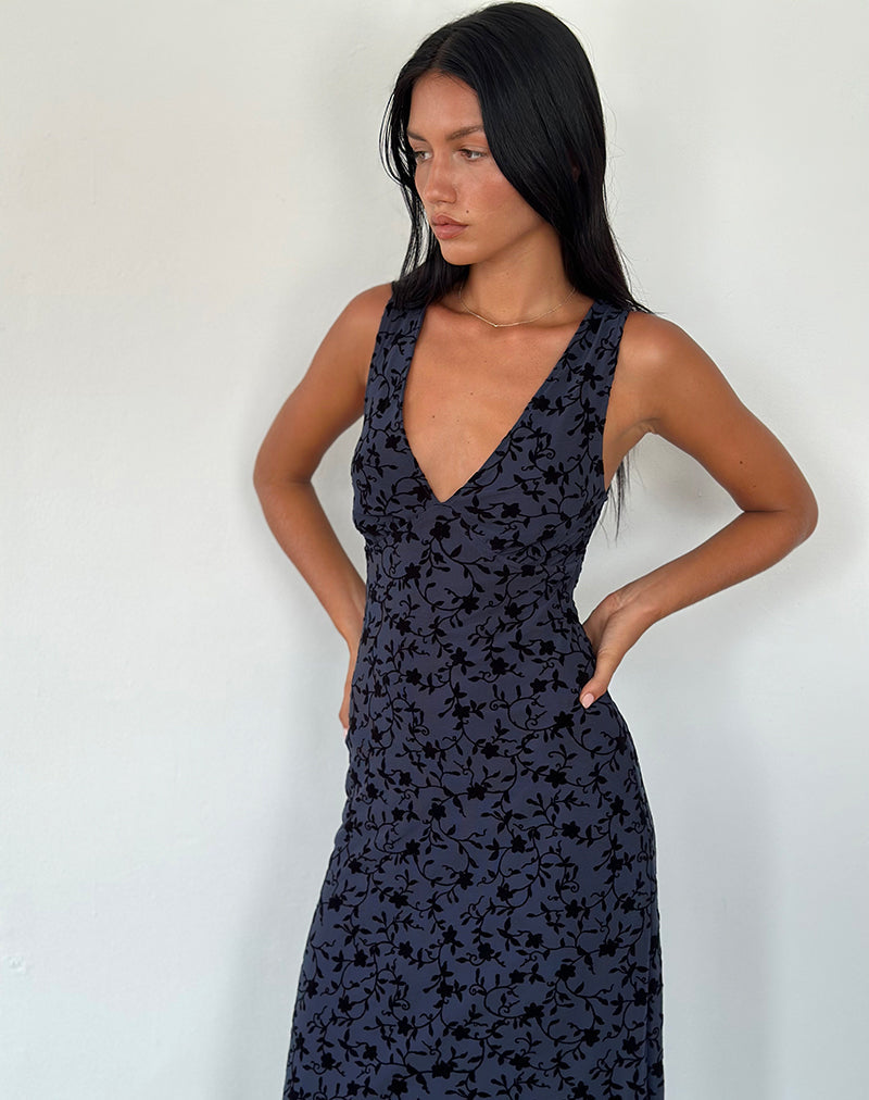 Gabriela Midi Dress In Flocked Petal Navy