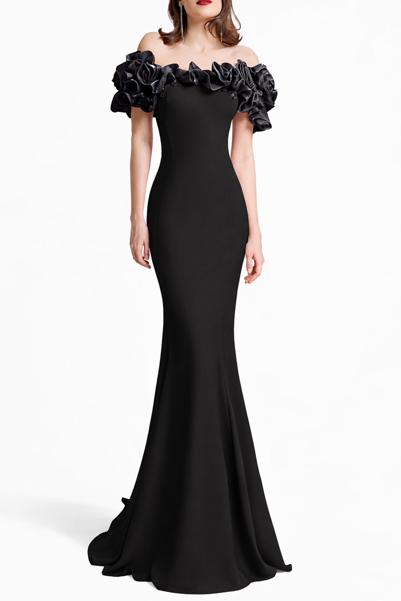 suzanne off-shoulder 3d flower bodycon maxi dress - black