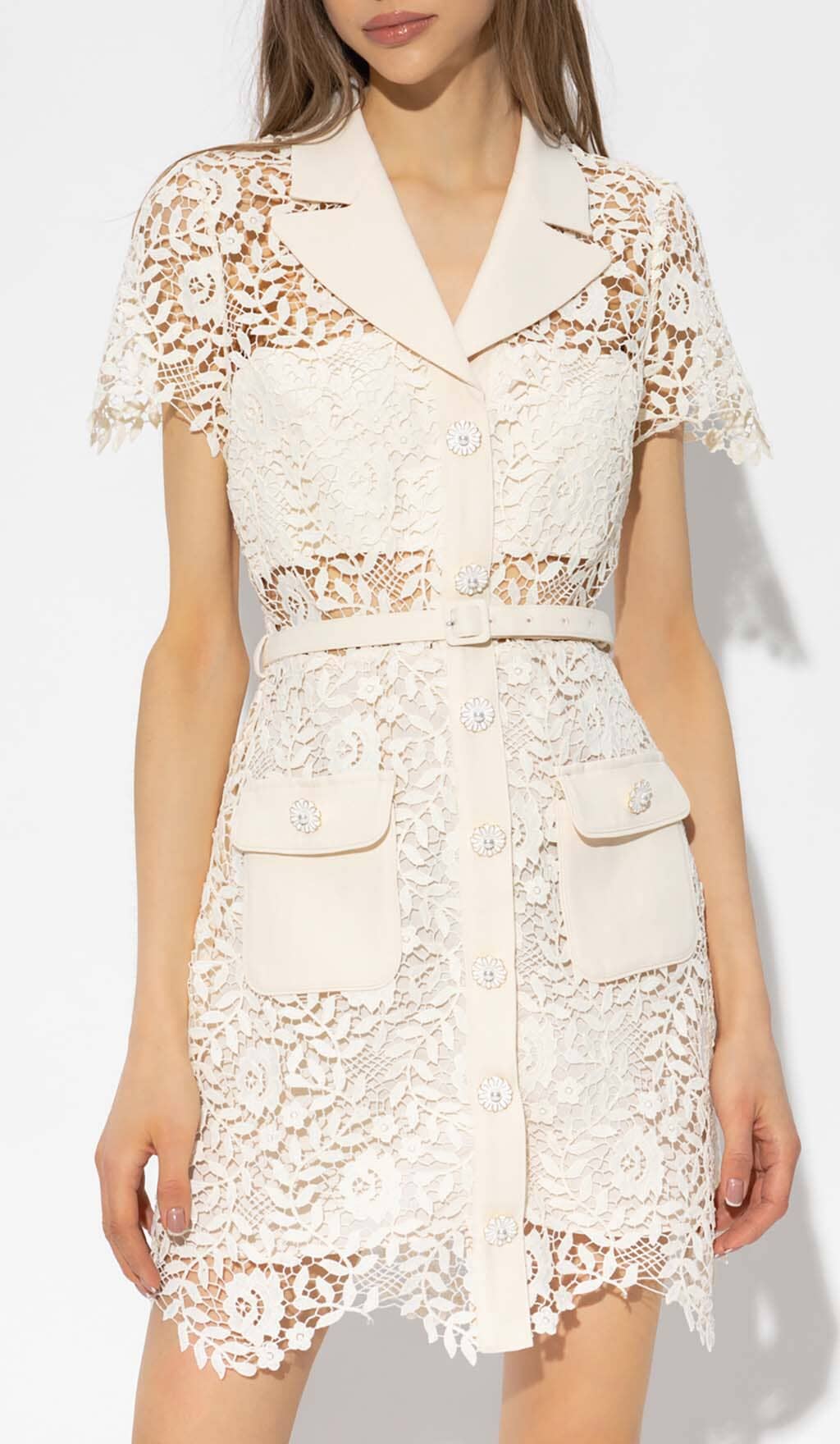 Flowering Girl Women Guipure Lace Flap Pockets Jacket Dress In White