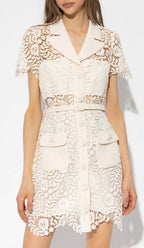 Flowering Girl Women Guipure Lace Flap Pockets Jacket Dress In White