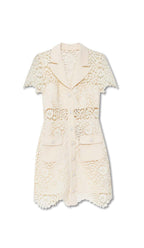 Flowering Girl Women Guipure Lace Flap Pockets Jacket Dress In White