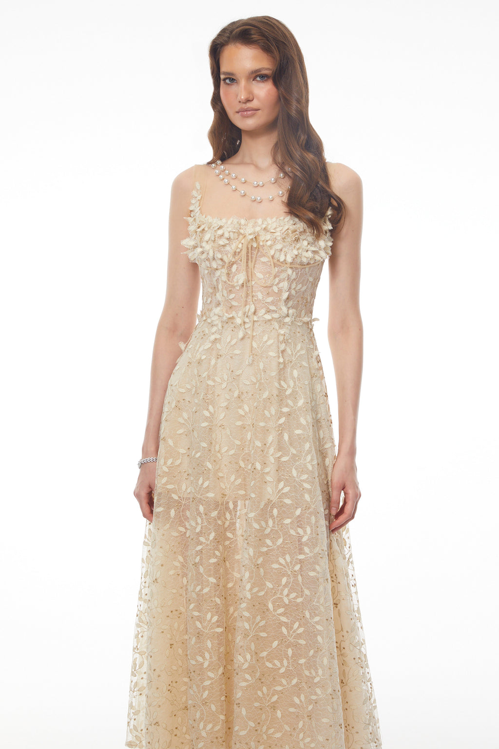 Gabriella Champagne Tulle Maxi Dress With 3D Petals