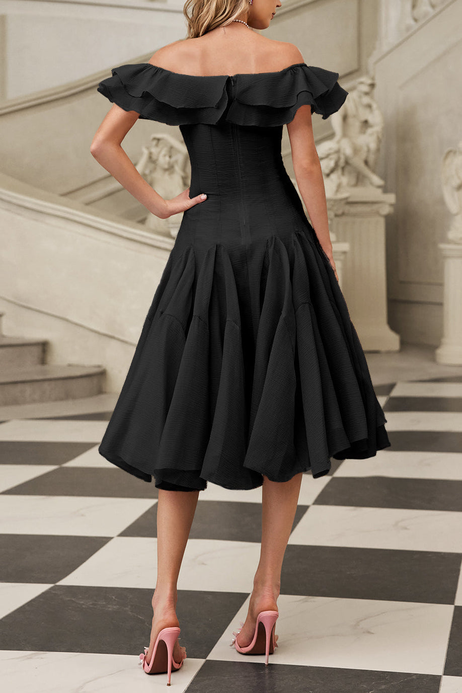 Flowering Girl Women Apphia Off Shoulder Ruffle Midi Dress In Black