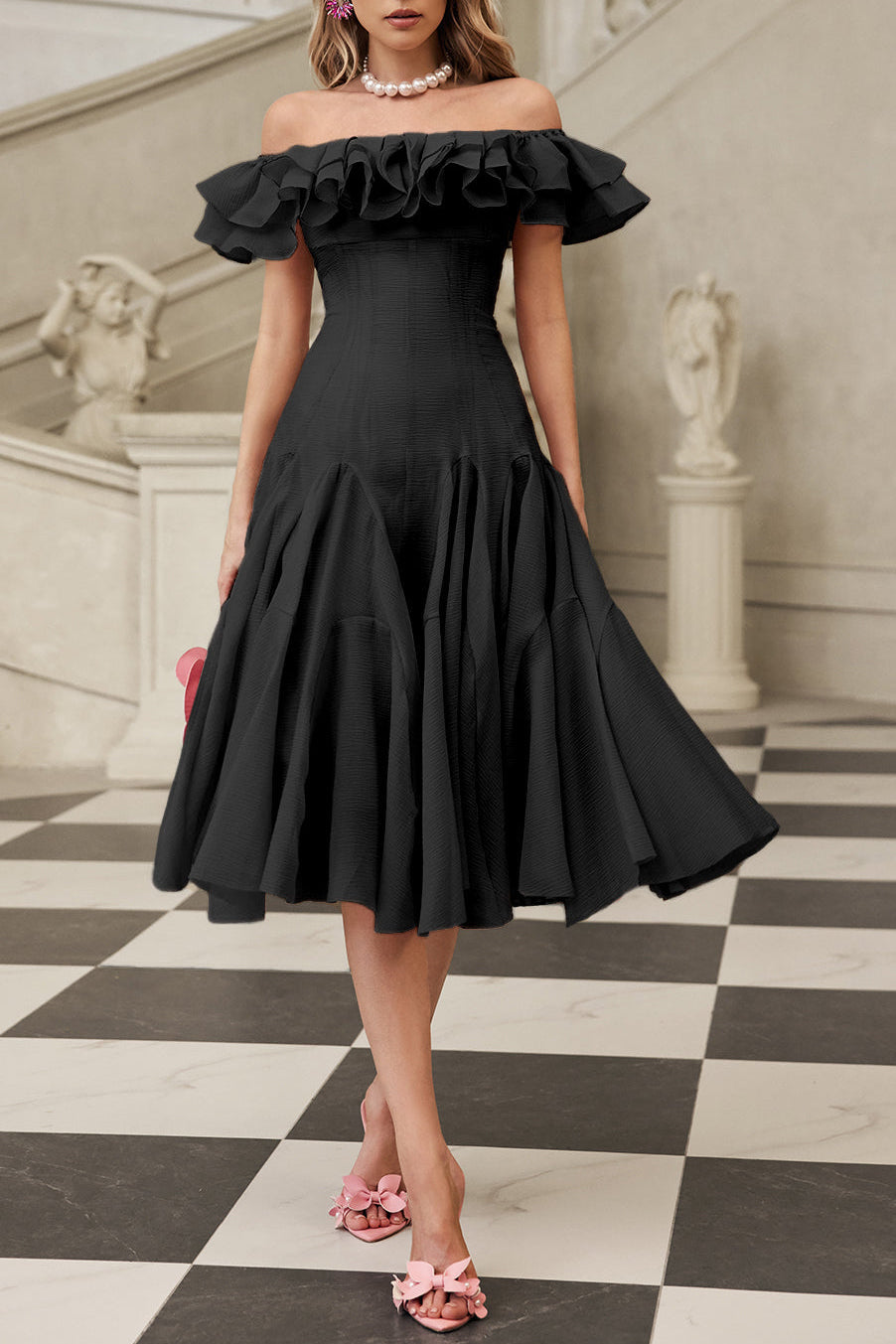 Flowering Girl Women Apphia Off Shoulder Ruffle Midi Dress In Black