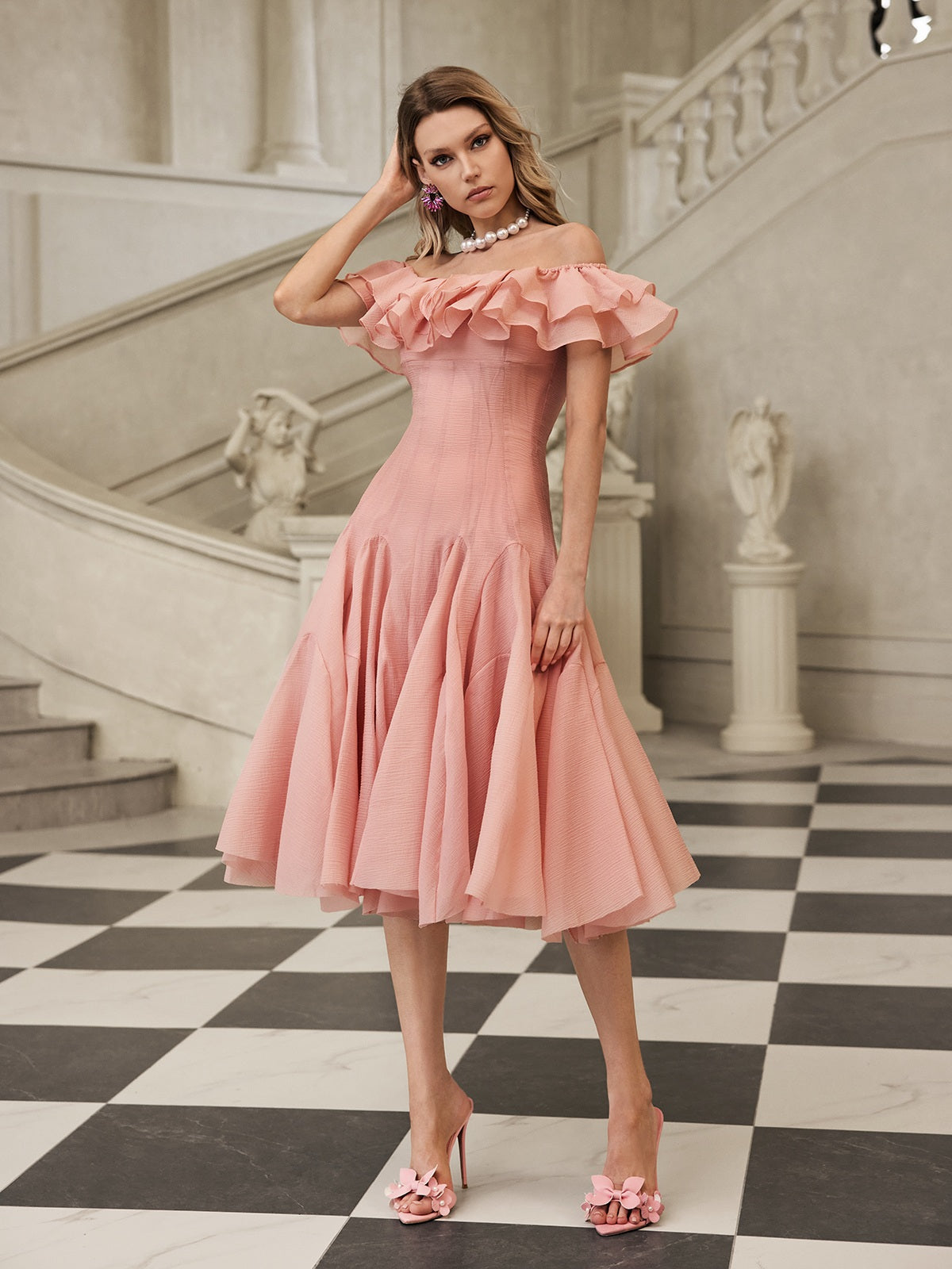 Flowering Girl Women Apphia Off Shoulder Ruffle Midi Dress In Pink