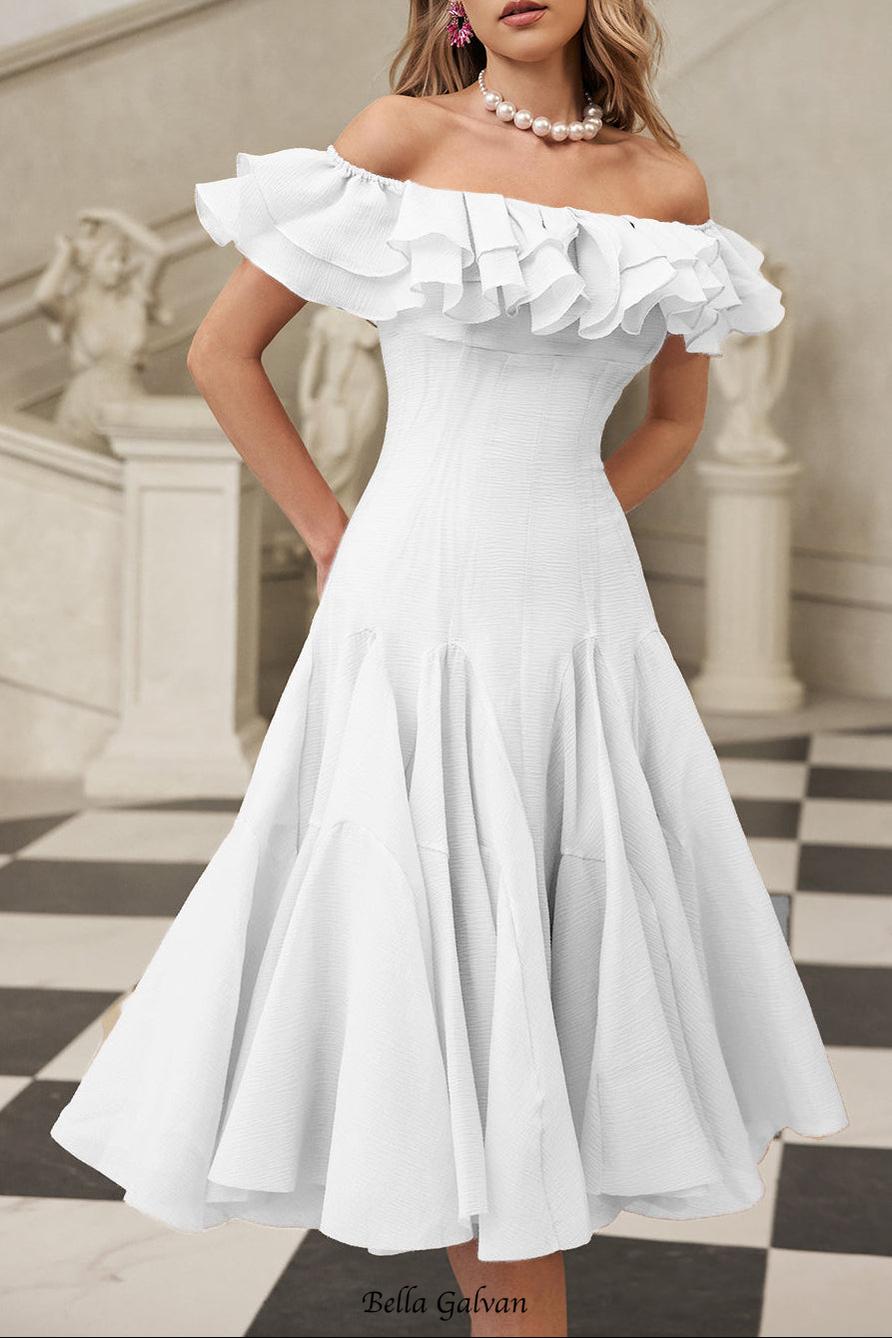 apphia Off Shoulder Ruffle Midi Dress In white