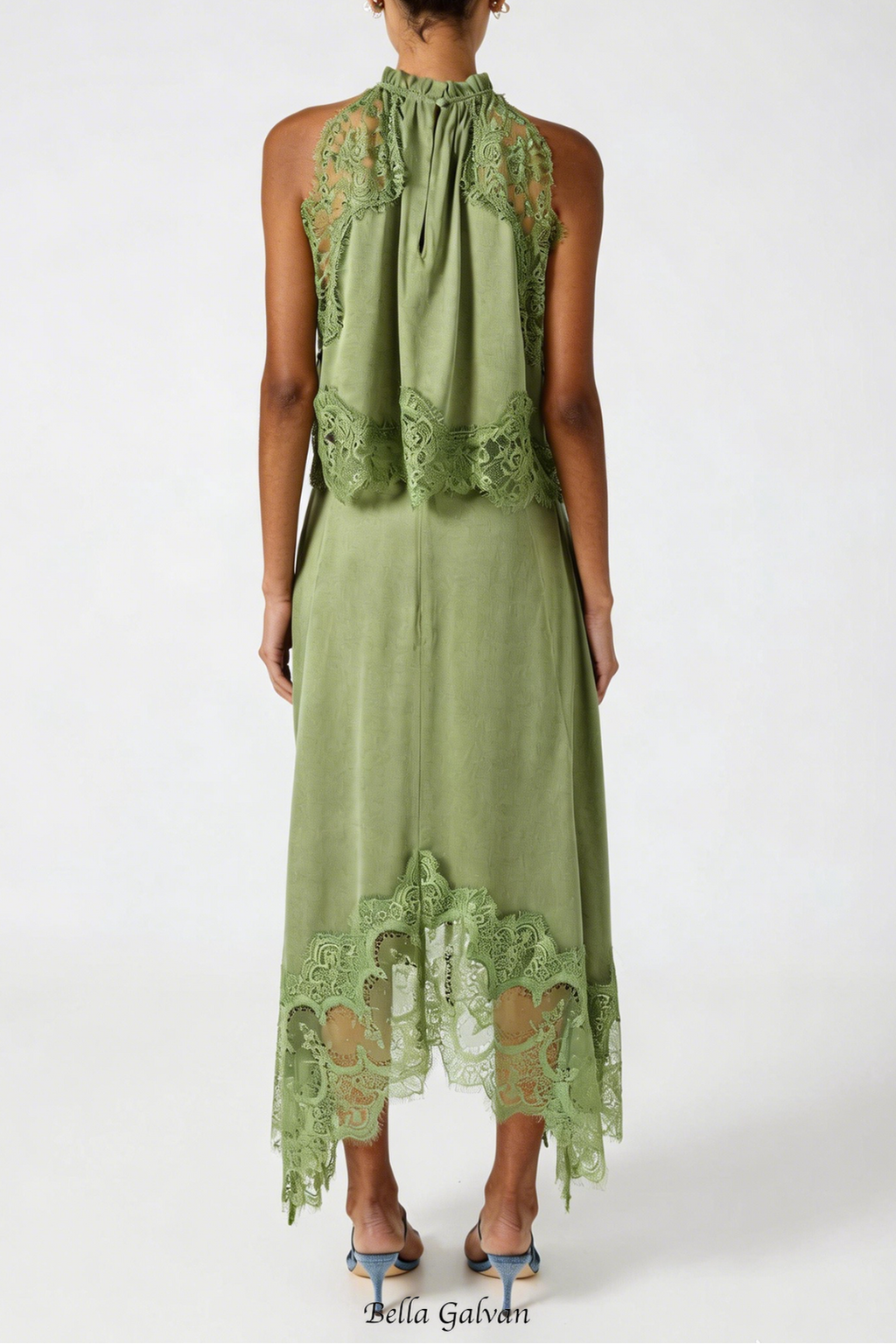 Gavia Sleeveless Lace Top & Midi Skirt Set - Green