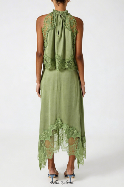 Gavia Sleeveless Lace Top & Midi Skirt Set - Green