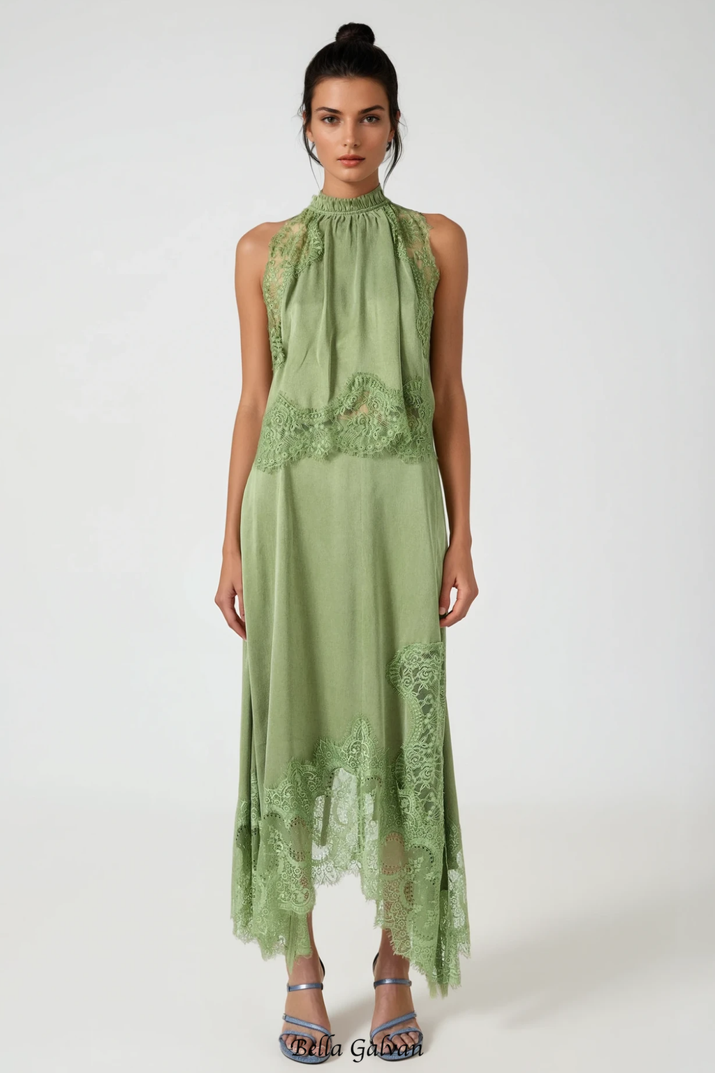 Gavia Sleeveless Lace Top & Midi Skirt Set - Green