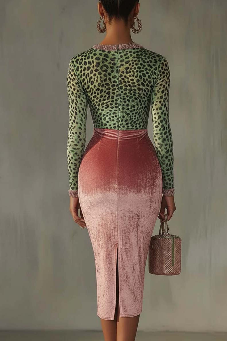 Flowering Girl Women Pink Velvet Bodycon Dress With Patchwork Webbing And Leopard Print