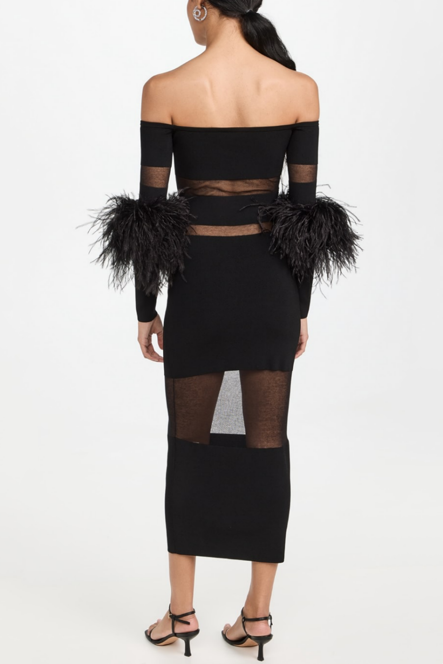 Flowering Girl Women Off Shoulder Feather Mesh Midi Bandage Dress - Black