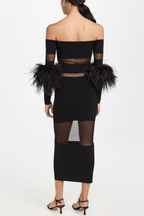 Flowering Girl Women Off Shoulder Feather Mesh Midi Bandage Dress - Black