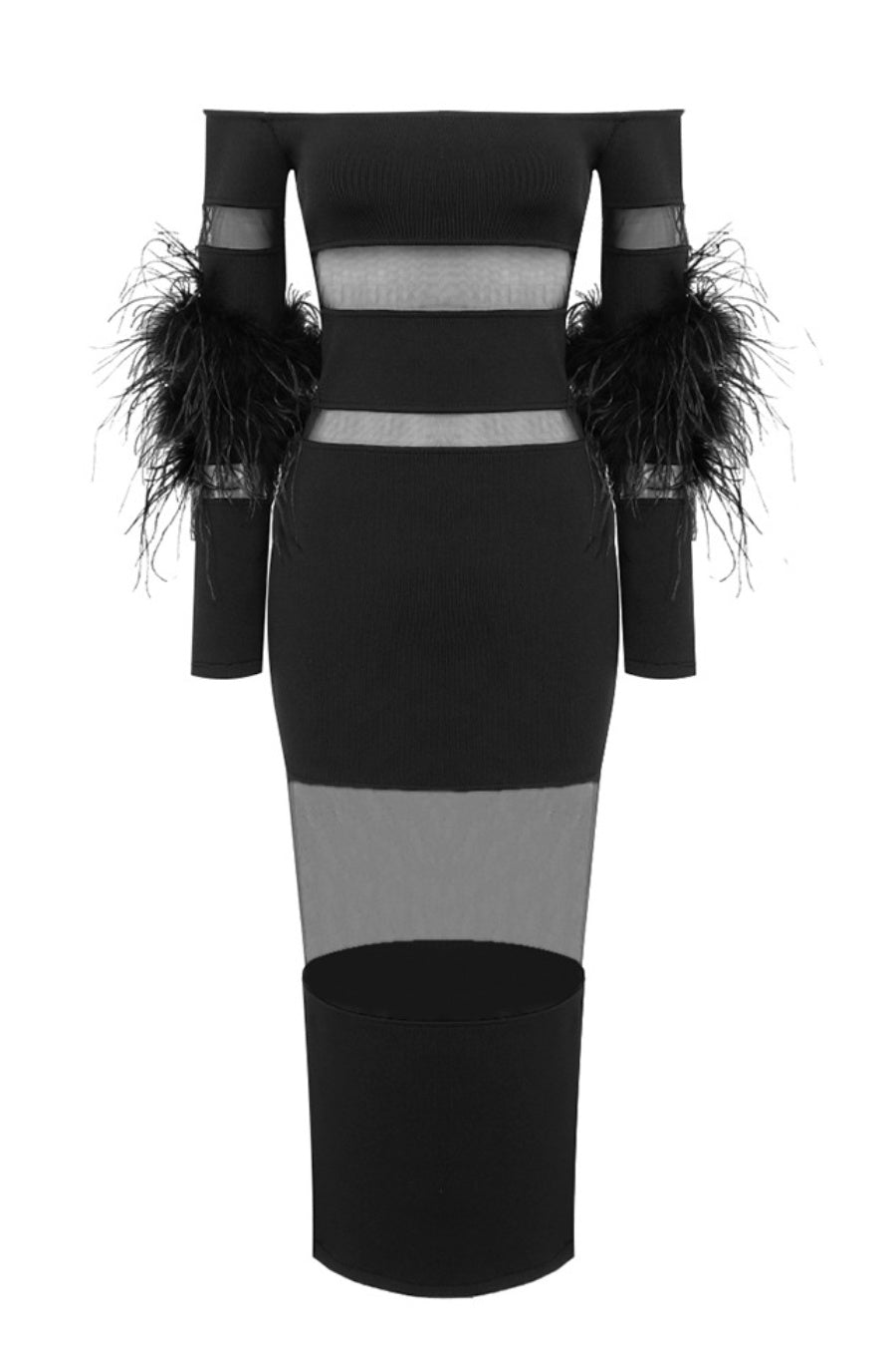 Flowering Girl Women Off Shoulder Feather Mesh Midi Bandage Dress - Black